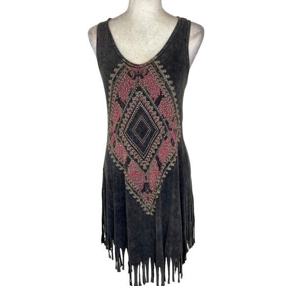 Vocal fringe rhinestone tank dress, size small acid wash aztec graphic boho midi - Picture 8 of 8